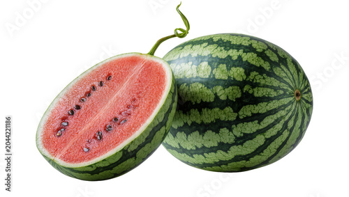 Tableau sur toile Whole watermelon and half cut revealing juicy red flesh and black seeds