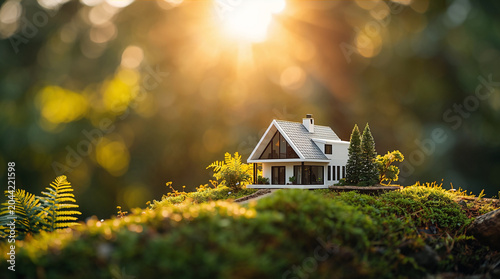 Eco Friendly Dream Home on Green Moss at Sunrise – Sustainable Real Estate Investment Concept