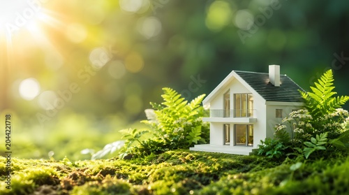 Eco Friendly Dream Home on Green Moss at Sunrise – Sustainable Real Estate Investment Concept
