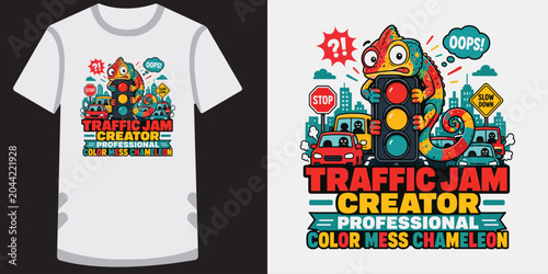 Cuadro en lienzo Funny chameleon illustration wearing vibrant colors while creating chaotic city traffic jam