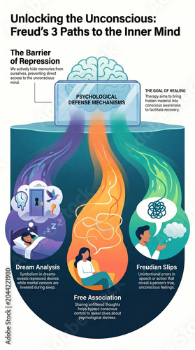 Unlocking the Unconscious Mind: Freud's 3 Paths to Inner Healing — Dream Analysis, Free Association & Psychological Defense Mechanisms Infographic