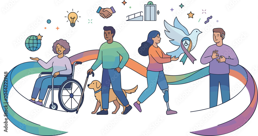 Fototapeta premium People with disabilities team with diverse disabled community accessibility inclusion global connectivity and partnership concept