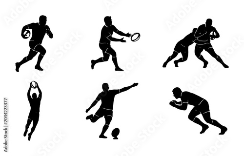 Foto Rugby Player Silhouettes, Action Poses Vector Set: Running, Passing, Tackling, K