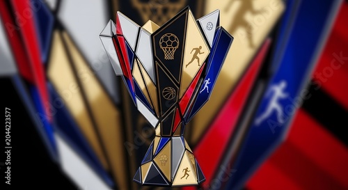 A colorful trophy with various sports icons on a blurred background of flags and colors