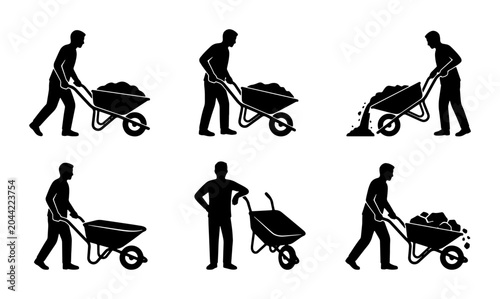 Foto Construction Worker Silhouettes Pushing and Dumping Wheelbarrow, Set of 6 Vector