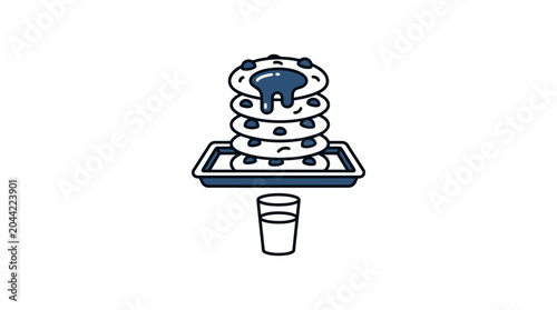 Foto A stack of blueberry pancakes on a tray with a glass of milk.