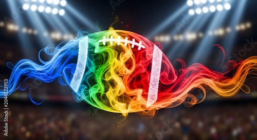 Vibrant rainbow colored american football with swirling flames in a stadium