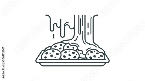 Obraz na płótnie A minimalist line art illustration of chocolate chip cookies being drizzled with syrup or melted chocolate on a tray