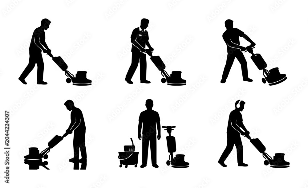 Fototapeta premium Floor Polisher Icons Set, Professional Cleaning Equipment Silhouettes, Janitorial Service Symbols, Commercial Maintenance Vector Graphics