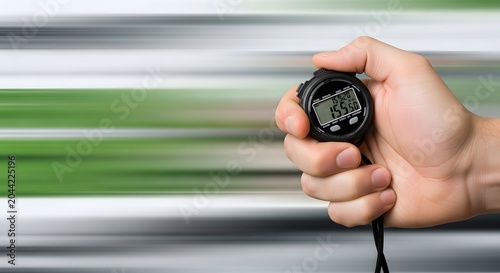 Hand holding digital stopwatch on blurred background