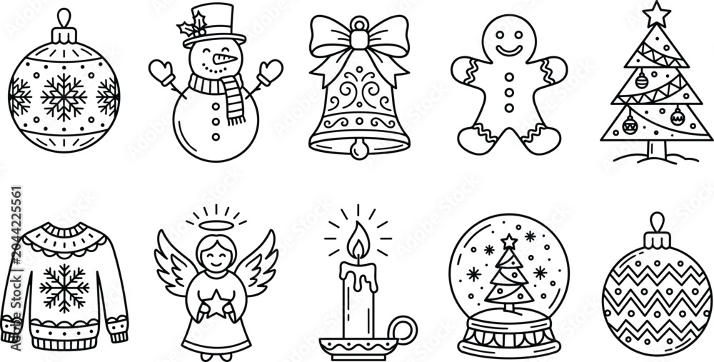 Naklejka premium Christmas Elements Outline Icon Set Featuring Bauble Snowman Bell Gingerbread Man Tree Ugly Sweater Angel Candle and Snow Globe Line Art Designs