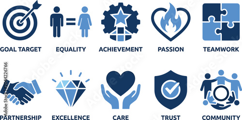 Tablou pe pânză Set of icons embodying company values goal target equality achievement passion teamwork partnership excellence trust