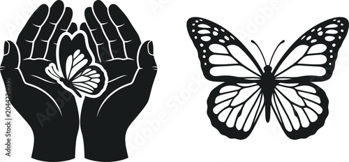 Obraz na płótnie Hands Holding a Butterfly Vector Illustration, Symbolizing Care, Nature, and Fragility, with a Second Independent Butterfly