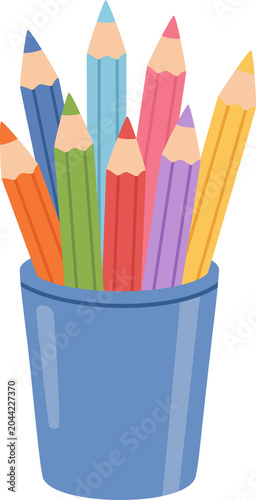 Colorful Colored Pencils in Holder Illustration, Cute Cartoon Pencils in Blue Cup, Pastel Wooden Color Pencils Isolated for Back to School and Art Education Design