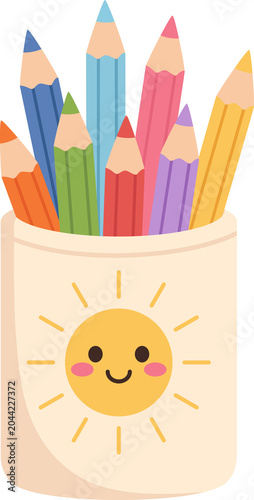 Cute Colored Pencils in Sun Holder Illustration, Cartoon Pencils in Cream Cup, Pastel Wooden Color Pencils with Smiling Sun Face Isolated for Back to School and Art Education Design