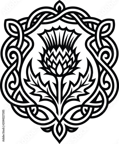 Striking monochromatic illustration sketch featuring a elaborate scottish thistle emblem surrounded by celtic knots.