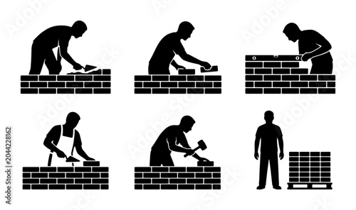 Fotografie Bricklayer Silhouettes: Construction Process Icons, Building Industry Workers, M