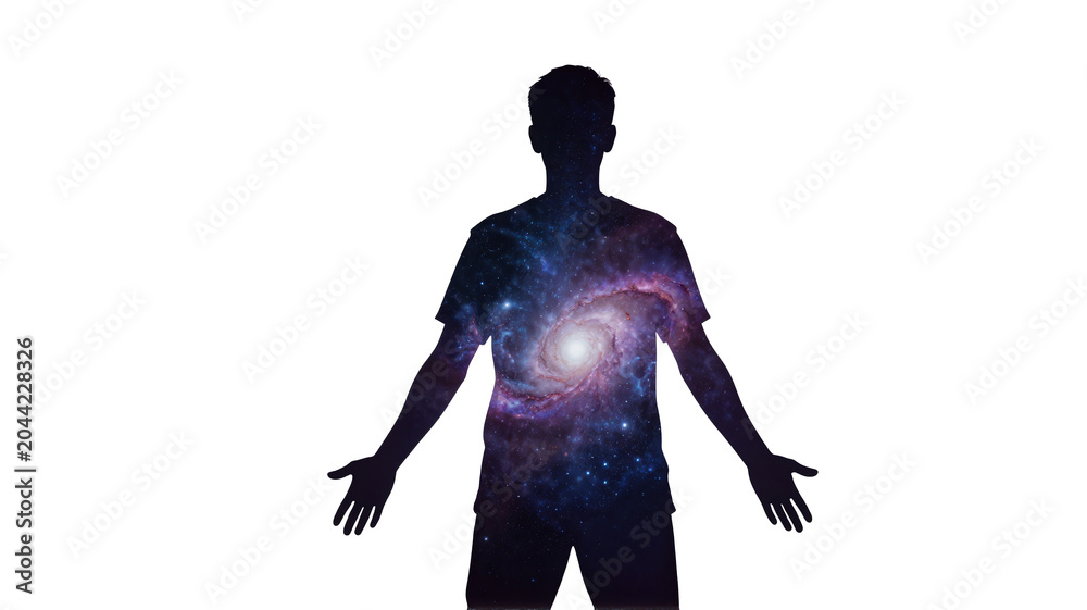 Fototapeta premium Human silhouette with a vibrant galaxy inside, symbolizing the delicate inner universe, consciousness, and spiritual connection