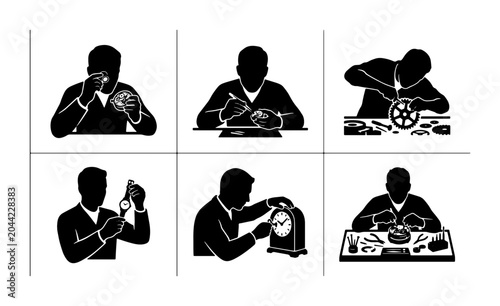 Slika na platnu Watchmaker Icons Set, Precision Craftsmanship, Clock Repair, Mechanical Engineer