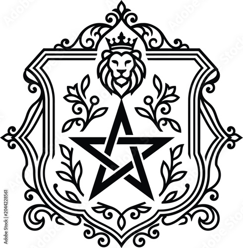Foto Black and white royal heraldic crest featuring a regal crowned lion head over a geometric pentagram inside an ornate shield frame composition