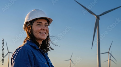 Female engineer wearing a white hard hat smiling at a wind turbine farm during sunset. copy space
