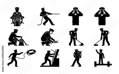 Photos Nautical Crew Icons, Maritime Sailor Silhouettes, Marine Service Actions, Set of