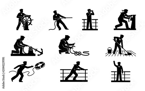 Photos Nautical Sailor Icons Set, Maritime Crew Silhouettes, Marine Life Vector Graphic