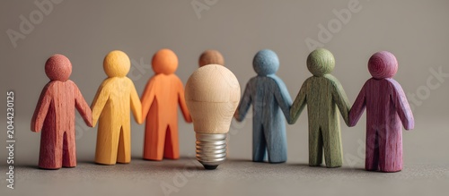 Wooden figurines form a circle around a light bulb on a wooden surface, symbolizing teamwork, shared ideas, and collaborative innovation of creative ideas.