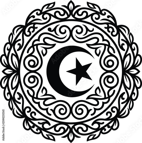 A circular ornamental composition featuring a central crescent moon and star motif surrounded by intricate floral filigree.