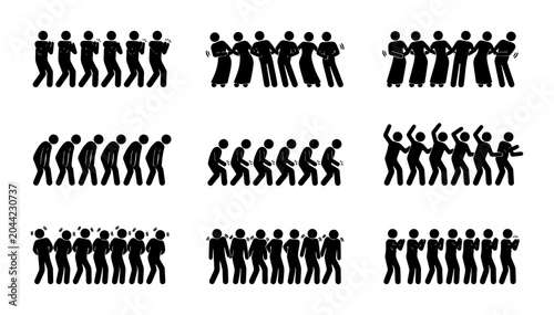 Foto Diverse Stick Figure Group Poses, 9 Sets of Silhouettes Representing Different A