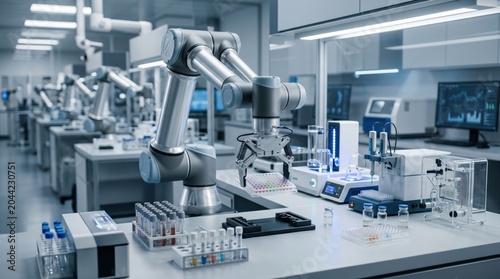 Robotic arm handling test tubes in high-tech laboratory, automation in pharmaceutical research and biotechnology science