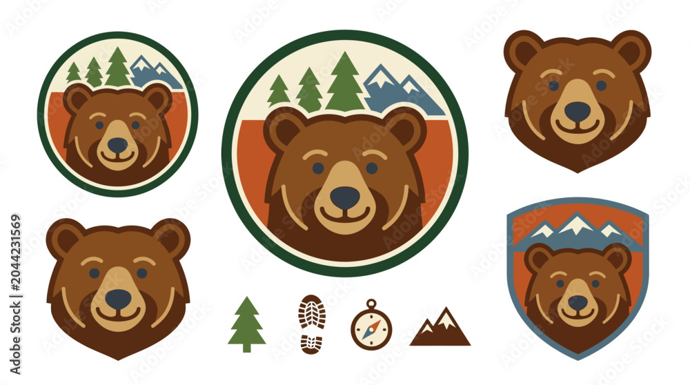 Fototapeta premium Vintage style friendly brown bear head mascot for national park wildlife signage and kids summer camp apparel prints