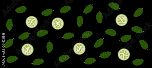 Fresh Cucumber and Leaves Seamless Detox. Natural Cleansing Concept with Cucumber Vector Pattern.