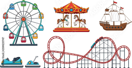 Amusement park attractions set including ferris wheel carousel roller coaster bumper cars and pirate ship vector illustration icons