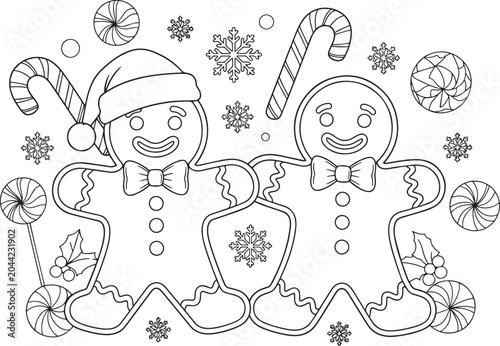 Christmas gingerbread men and sweets coloring page