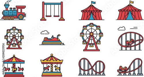 Amusement park carnival ride icon set featuring roller coaster ferris wheel carousel and circus tent vector illustration