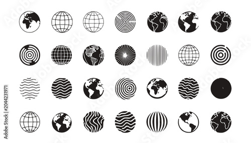 Set of Globe Icons and Abstract Earth Graphics in Black and White
