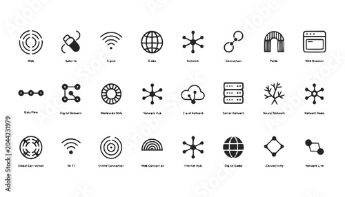Technology Icons: Network, Connection, Data, Internet, Cloud, Wi-Fi, and More