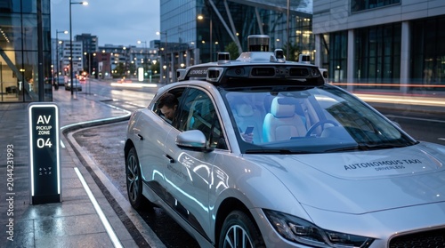 Self-driving autonomous taxi vehicle waiting at designated pickup zone in modern city street at dusk