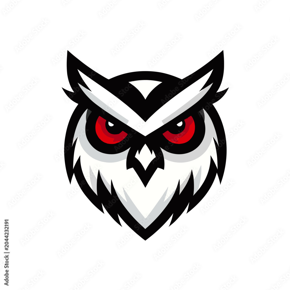 Naklejka premium A stylized illustration of an owl's face with piercing red eyes and sharp white accents.