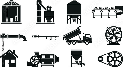 Cuadro en lienzo Agriculture industrial factory icons set with silo grain, elevator conveyor belt