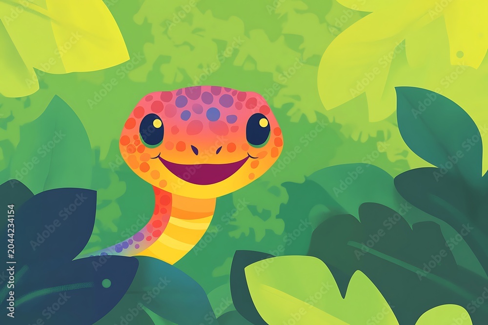 Fototapeta premium A cheerful cartoon snake exploring vibrant green foliage with a bright smile