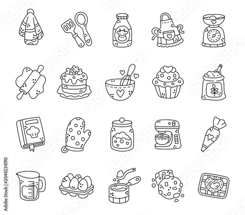 Homemade kitchen baking set featuring towel spatula milk apron scale rolling pin cake whisk cupcake flour cookbook mitt jar mixer