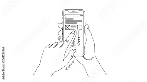 Minimalist line art of hands holding smartphone, person scrolling mobile app interface, continuous line drawing of user experience and digital interaction