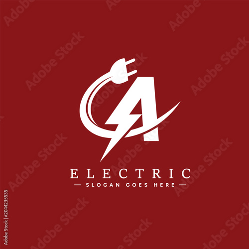 Letter A Electric Power Logo with Plug and Lightning