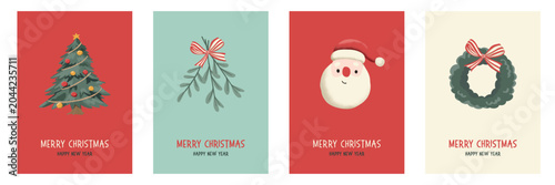 Christmas greeting cards vector set, cute retro holiday templates with Santa, Christmas tree and wreath Christmas. vector illustration