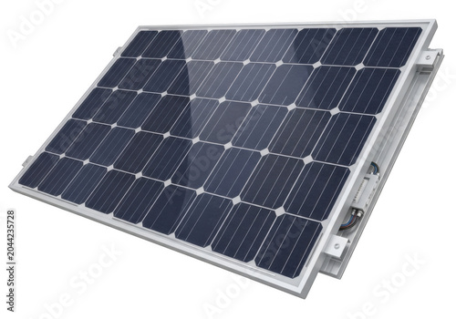 A single rectangular solar panel with a dark blue grid of photovoltaic cells, mounted in a silver aluminum frame, isolated on a black background