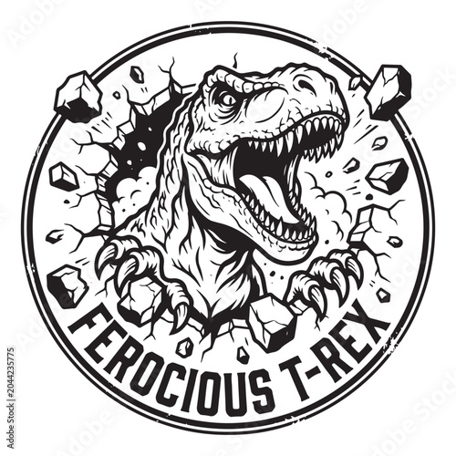 Ferocious t-rex dinosaur head breaking through a circular wall