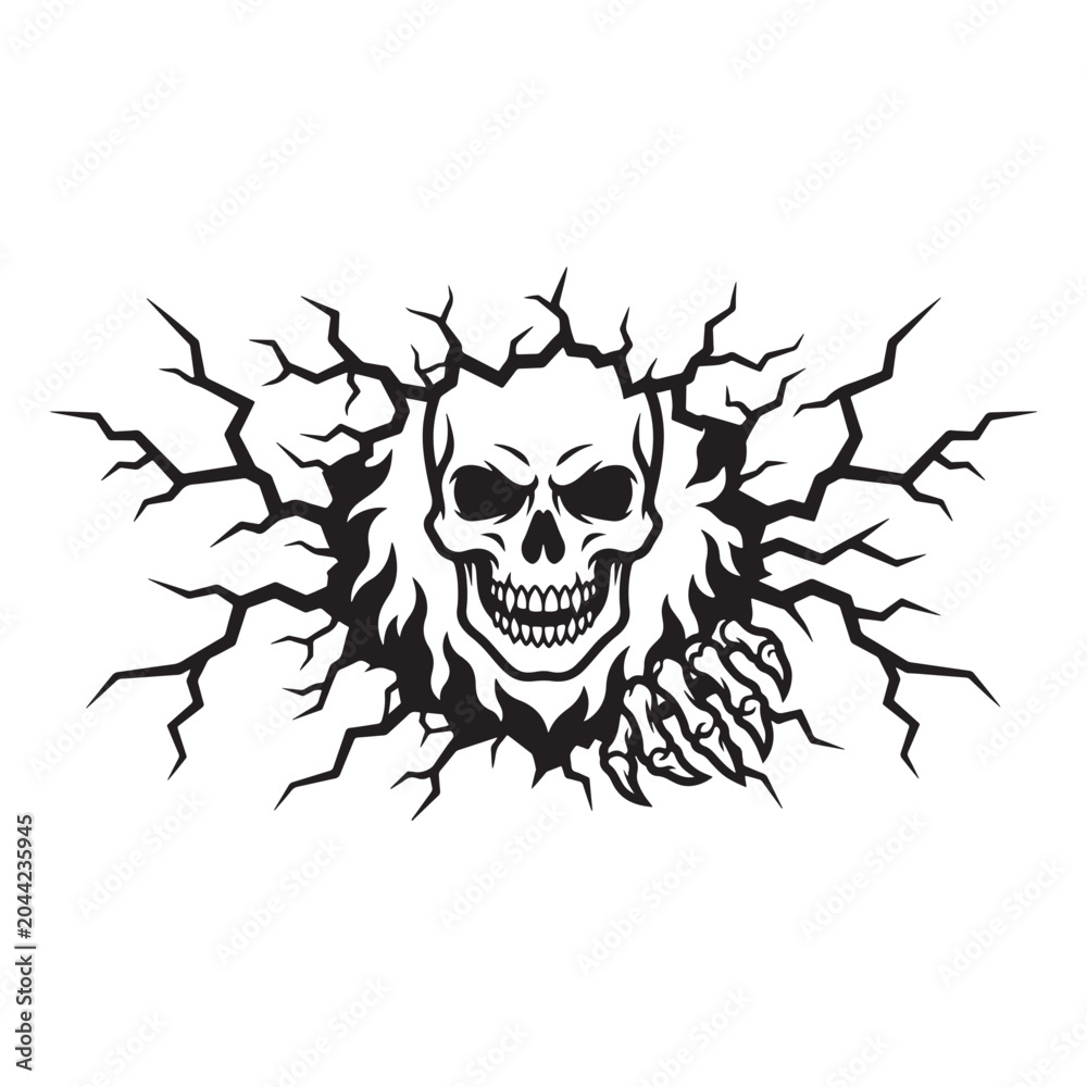 Fototapeta premium Scary skull and skeleton hand breaking through a wall