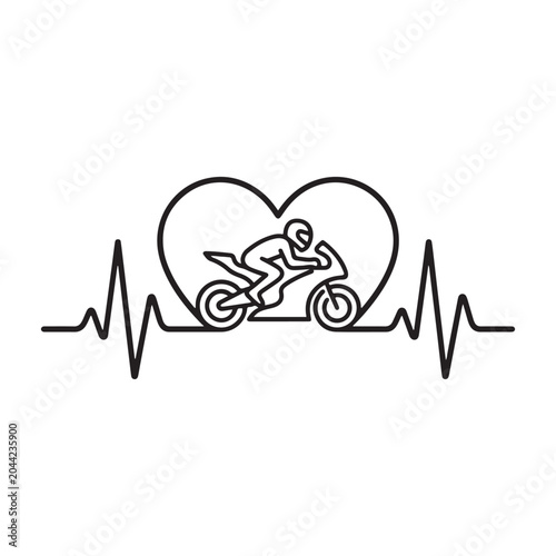 Motorcycle rider in a heartbeat heart shape line art icon